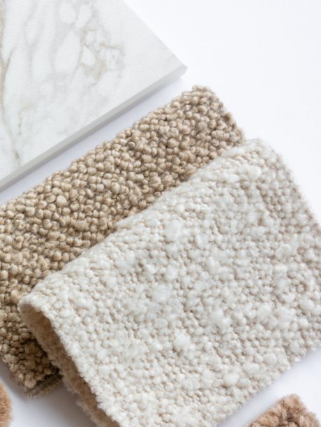 Earthy Brown Natural colored Interior Design Material Sample Board with Fabrics, Carrara Marble, Wood, and Wallpaper for Home Decoration Mood Board Concept